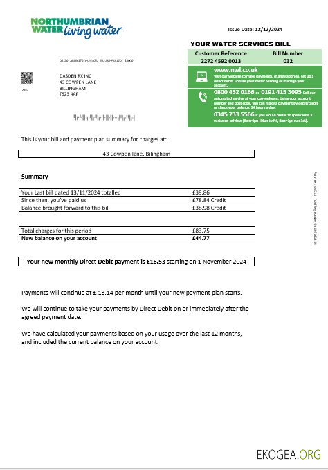 Modèle de facture de services publics de Northumbrian Water au Royaume Uni aux formats Word et PDF, version 1